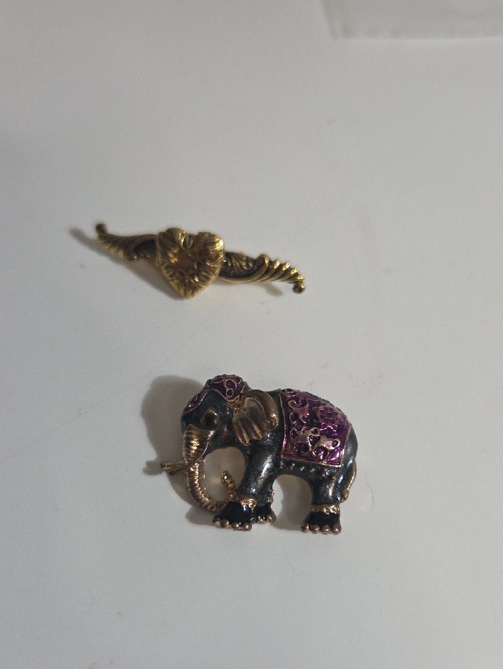 Vintage Gold Tone Elephant and Heart Small Brooch Combo Set